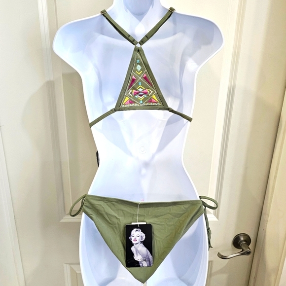 Marilyn Monroe Boho Bikini – Olive Green Aztec Embroidered Back Fringe Side Tie - Picture 10 of 16